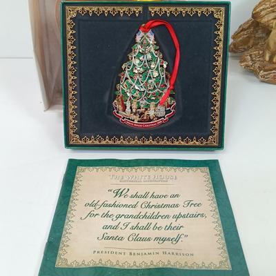 LOT 68: Large Mercury Glass Bear Ornament, Clothique Patriotic Santa Ornament, Limoges Plate & More