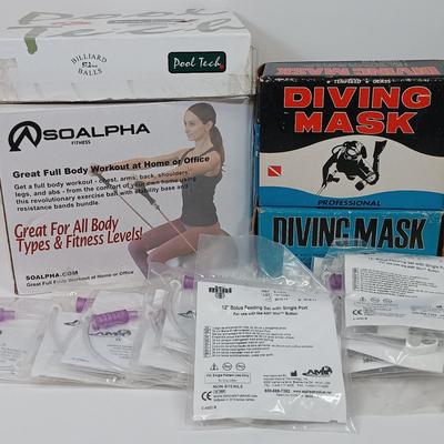 LOT 73: Pantoskope M-900 Diving Masks, Pool Tech Pool Ball Set, So Alpha Exercise Ball & 12" Bolus Feeding Set