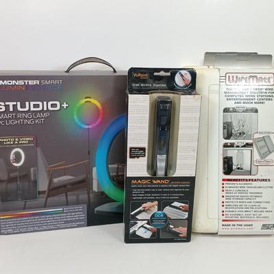 LOT 77: New/Old Stock Studio+ Smart Ring Lamp, Magic Wand Portable Scanner & Set of (2) Wire Mates