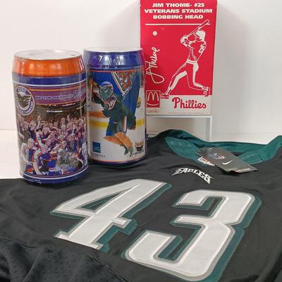 LOT 84: NWT Eagles Sproles 43 Jersey, McDonalds Phillies Jim Thome Bobble Head & Philly Phantoms Puzzles