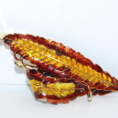 Deep Red & Gold Colored Curled LEAF BROOCH (3½" x 1¼") on a Silver Tone Setting