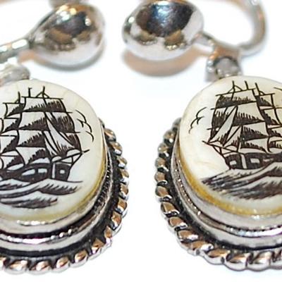 Oval Acrylic "SAILING SHIPS" EARRINGS Set with Rope Style Perimeter and Stud Post Clasp