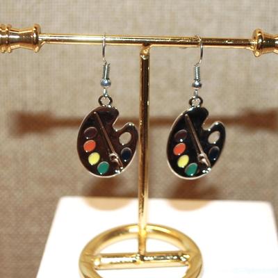 Artist Palette Style Earrings (1" x ¾") with Hook Clasp and Silver Tone Base