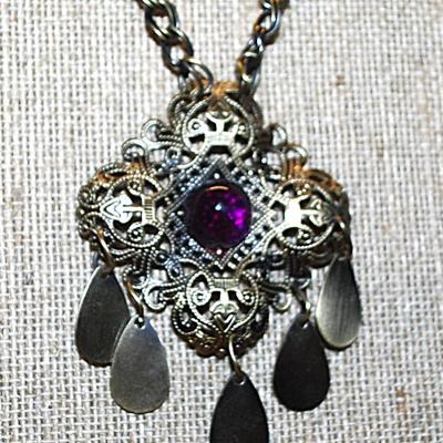 Beautiful VINTAGE Deep Gold Colored PURPLE Cabochon PENDANT (2½" x 2") with Matching Purple Globes on a Brass Colored NECKLACE...