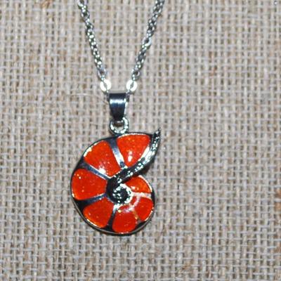 ORANGE Enameled Polymer Shell PENDANT (1" x ¾") on a Silver Tone Necklace Chain 18" L