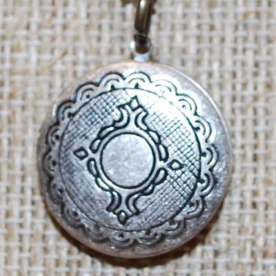 Graphic Designed Round Silver Tone Locket PENDANT (¾" Diam.) on a Dark Necklace Chain 19" L