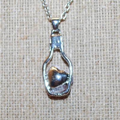 Magenta Pink HEART Stone PENDANT (1¼" x ¾") in a Silvery Bottle on a Silver Tone Necklace Chain 22" L