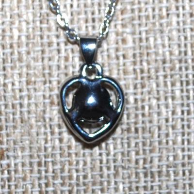 Round Blue Stone in a HEART Setting PENDANT (½" x ½") on a Silver Tone Necklace Chain 16" L