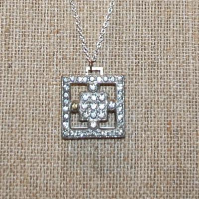 VINTAGE Style Double Square Block PENDANT (1" x 1") on a Silver Tone Necklace Chain 18" L