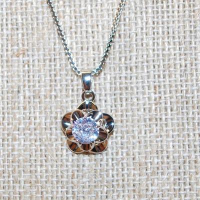 Single Round Clear Stone PENDANT (½" Circ.) on a Layered Loop Setting with a Silver Tone Necklace Chain 16" L