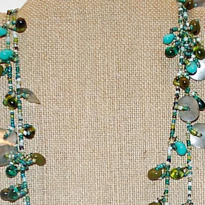 Extra Long WRAP-AROUND NECKLACE with Green & Blue Colored Beads and Metal Disks Accents 58" L