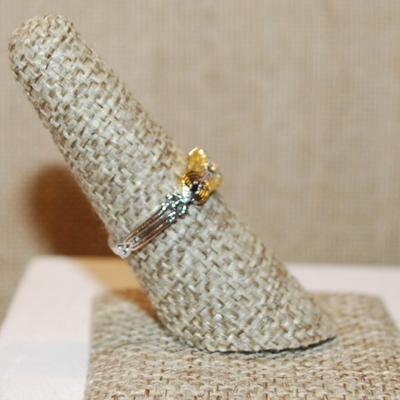 Size 7 Two Tone Gold Front Single Stone Ring with Side Emblem Accents on a Gold Tone Band (2.2g)