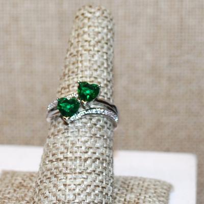 Size 7¼ Connected Green HEARTS Ring with Clear Stone Accents on a Silver Band (3.2g)