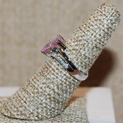 Size 7½ Double Pink Hearts Ring with Side Swirl Accents on a Silver Tone Band (3.3g)