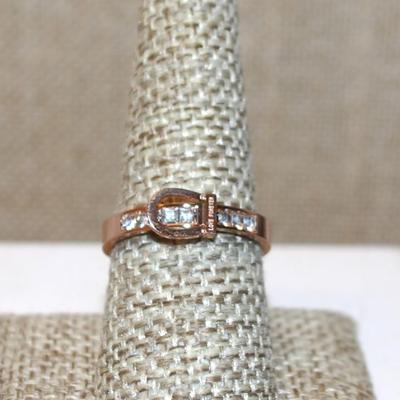 Size 8¼ Rose Gold "Love Forever" Ring with Loop & 7 Square Clear Stone Sides on a Rose Gold Band (2.4g)