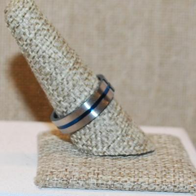 Size 9 Infinity Styled "Blue Line" Ring on a Blue Silver Tone Band (5.3g)