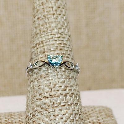 Size 8 Delicate Clear Stone with a Bluish Hue HEART Shaped Ring with Side Loops on a Silver Band (1.3g)