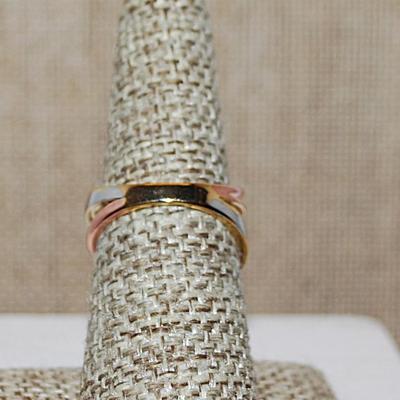 Size 10 Triple Colored Bands Ring Including Rose Gold, Silver and Gold with Row of Small Clear Stone Accents (4.7g)