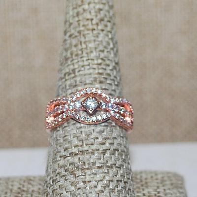 Size 8½ Rose Gold "Diamond Setting" Ring for the Main Stone and 3 Rows of Clear Stones on a ROSE GOLD Band (3.4g)
