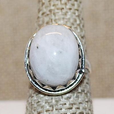 Size 7 Marked .925 SHARK TEETH Setting Holding an Opaque Oval White CABOCHON Gemstone Ring on a Silver-Plated Band (7.2g)