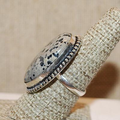 Size 9 Large Oval BLACKS & GRAYS Colored DENDRITE OPAL Gemstone with Full Rope Surround on a Silver Tone Band (11.9g)