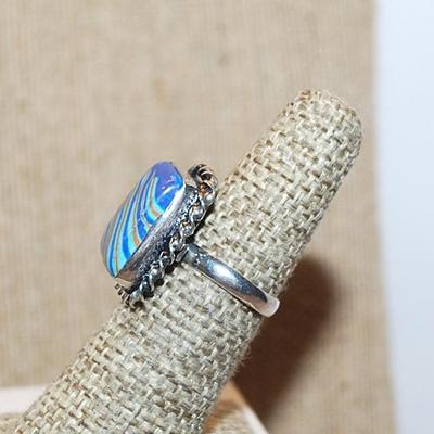 Size 6 Marked .925 Rectangle RAINBOW CALSILICA Gemstone Ring with Full Slanted Lines in Blues & Orange and Silver-Plated Band (5.6g)