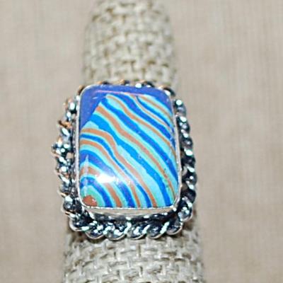 Size 6 Marked .925 Rectangle RAINBOW CALSILICA Gemstone Ring with Full Slanted Lines in Blues & Orange and Silver-Plated Band (5.6g)