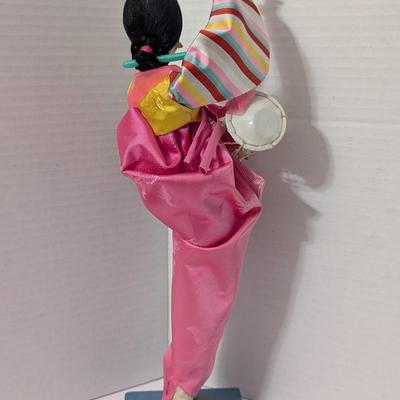Traditional Korean Folk Dancer Doll Pink Hanbok Costume Drum Figure Cultural Decor Display Piece