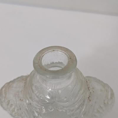 Vintage Clear Pressed Glass Perfume Bottle with Bubble Arch Stopper and Oval Medallion Body