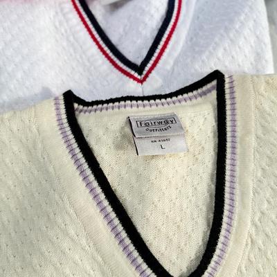 Sale Photo Thumbnail #329: Bob Mackie art, Alfred Dunner, Susan Graver. Medium size shirts in worn condition. Wool Blue winter jacket by Cascade. 2 classic vintage Fairway sweaters for golf, and 2 "dickies" Blue and white.