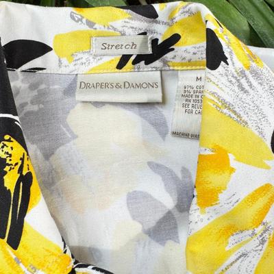 Sale Photo Thumbnail #328: Bob Mackie art, Alfred Dunner, Susan Graver. Medium size shirts in worn condition. Wool Blue winter jacket by Cascade. 2 classic vintage Fairway sweaters for golf, and 2 "dickies" Blue and white.