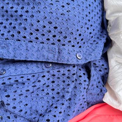 Sale Photo Thumbnail #323: Bob Mackie art, Alfred Dunner, Susan Graver. Medium size shirts in worn condition. Wool Blue winter jacket by Cascade. 2 classic vintage Fairway sweaters for golf, and 2 "dickies" Blue and white.