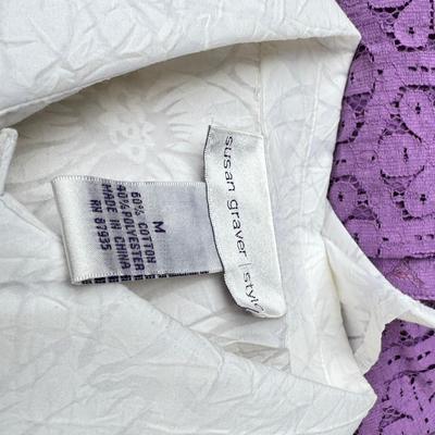 Sale Photo Thumbnail #321: Bob Mackie art, Alfred Dunner, Susan Graver. Medium size shirts in worn condition. Wool Blue winter jacket by Cascade. 2 classic vintage Fairway sweaters for golf, and 2 "dickies" Blue and white.