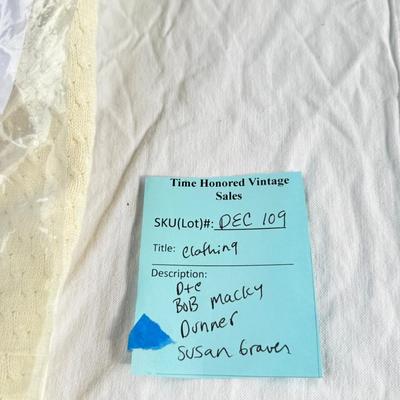 Sale Photo Thumbnail #331: Bob Mackie art, Alfred Dunner, Susan Graver. Medium size shirts in worn condition. Wool Blue winter jacket by Cascade. 2 classic vintage Fairway sweaters for golf, and 2 "dickies" Blue and white.