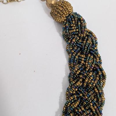 Vintage Multi Strand Seed Bead Statement Necklace Gold Tone Blue Green Iridescent Beaded Collar