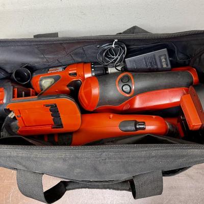 Sale Photo Thumbnail #472: Includes 4 saw blades, sander accessory kit, battery charger, 2 batteries, all 3 original user guides and a black zippered tool bag. Tested, all items work as expected.  Used, but in very good condition.