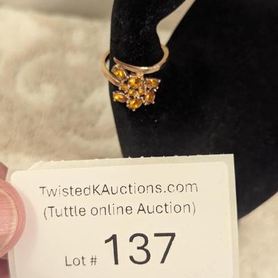 vintage gold tone cocktail ring with cluster of amber or citrine rhinestones