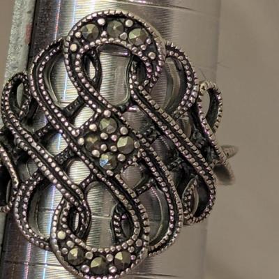 vintage sterling silver marcasite ring with intricate open work design