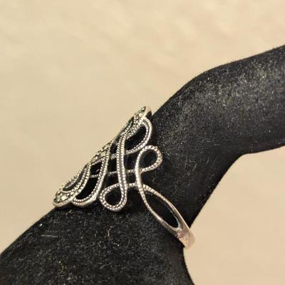 vintage sterling silver marcasite ring with intricate open work design