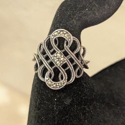 vintage sterling silver marcasite ring with intricate open work design