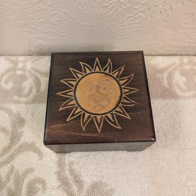 wooden trinket box with sun face image