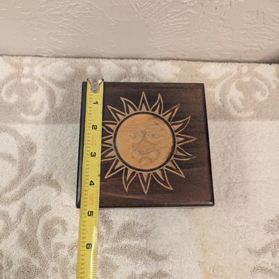 wooden trinket box with sun face image