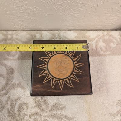 wooden trinket box with sun face image