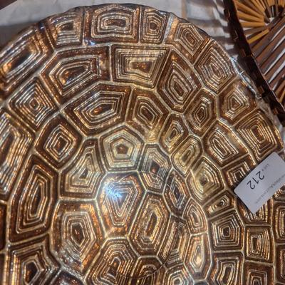 glass bowl- faux tortoise shell and MCM woven wood slat basket