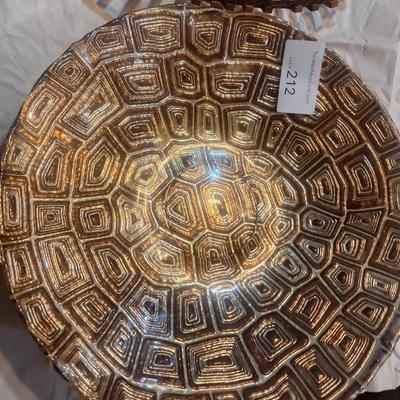 glass bowl- faux tortoise shell and MCM woven wood slat basket