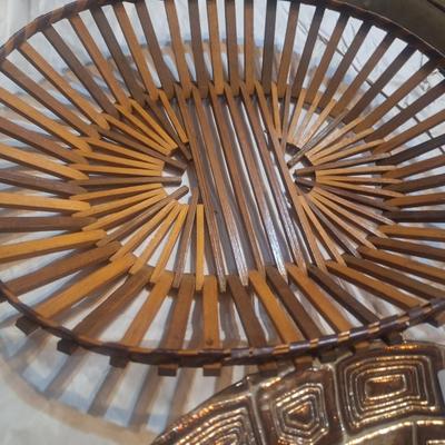 glass bowl- faux tortoise shell and MCM woven wood slat basket