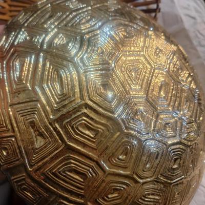 glass bowl- faux tortoise shell and MCM woven wood slat basket