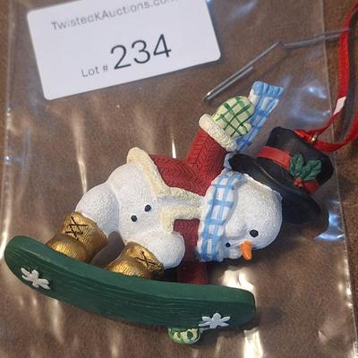 snowboarding snowman ornament