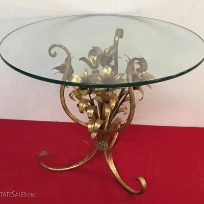 Italian Metal Floral Gilt Golden End Table, Glass Top 24
