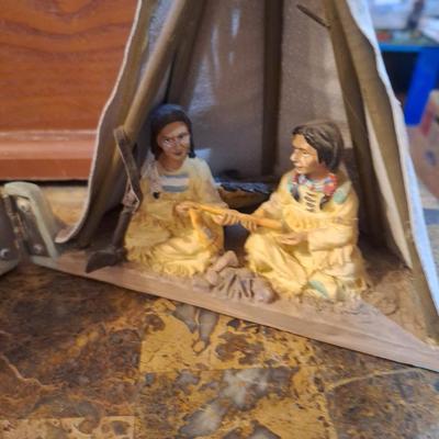 miniature decorative teepee collectible- opens to display people inside